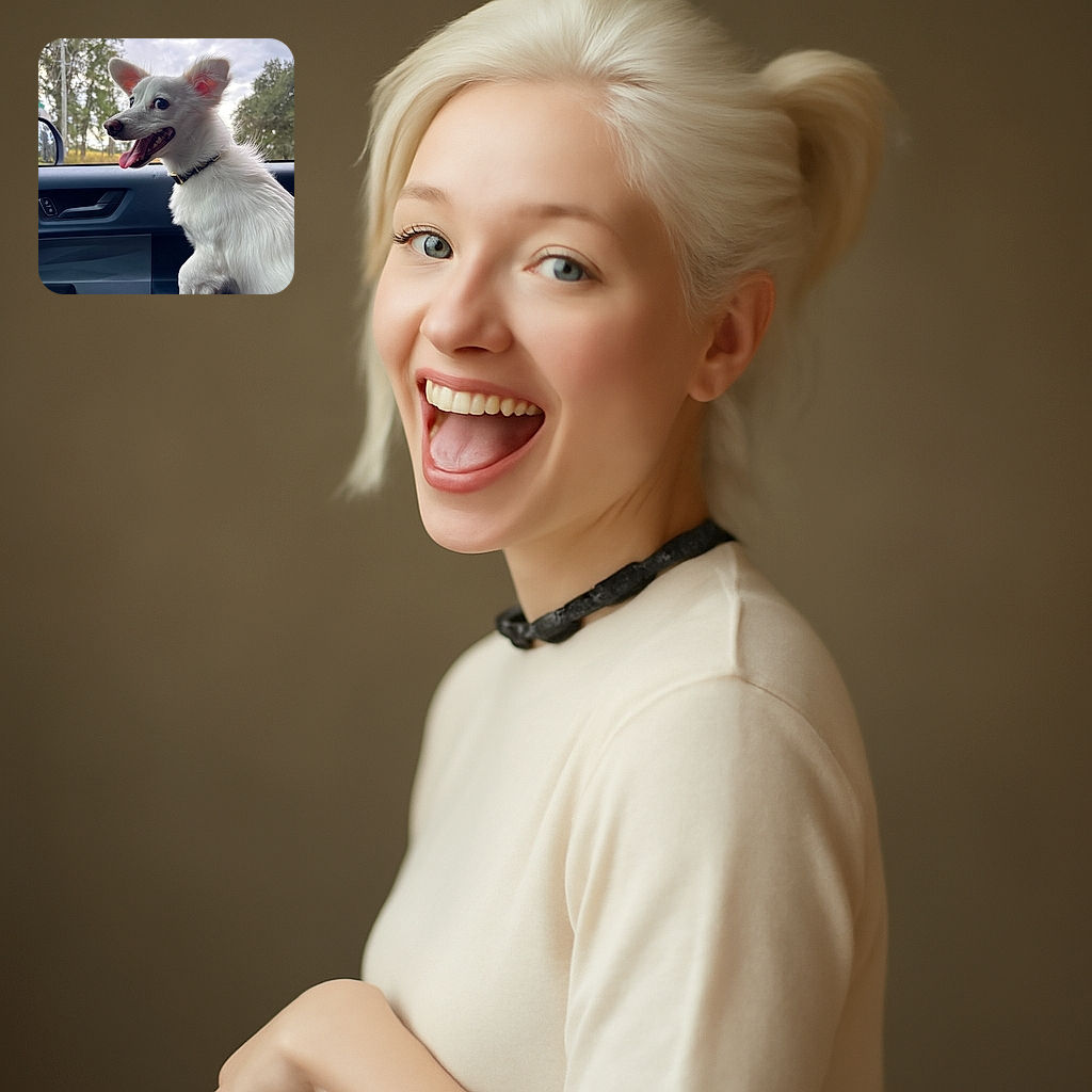 A joyful white dog with perky ears and a tongue out is sitting inside a car, looking excitedly out the window with a scenic view of trees and a cloudy sky in the background.