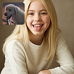 A fluffy white puppy with its tongue out sits indoors on a tiled floor near a shiny metal object, looking relaxed but the photo is somewhat blurry and dimly lit.