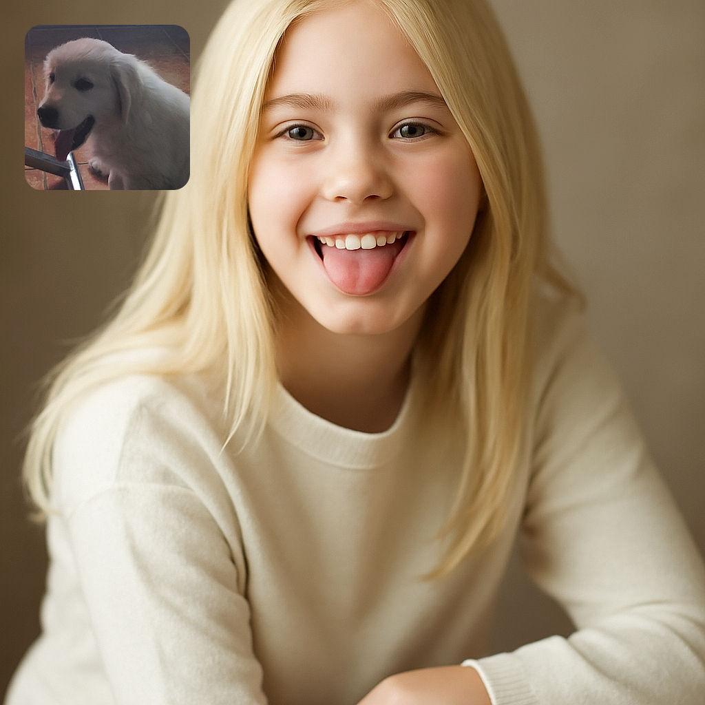 A fluffy white puppy with its tongue out sits indoors on a tiled floor near a shiny metal object, looking relaxed but the photo is somewhat blurry and dimly lit.