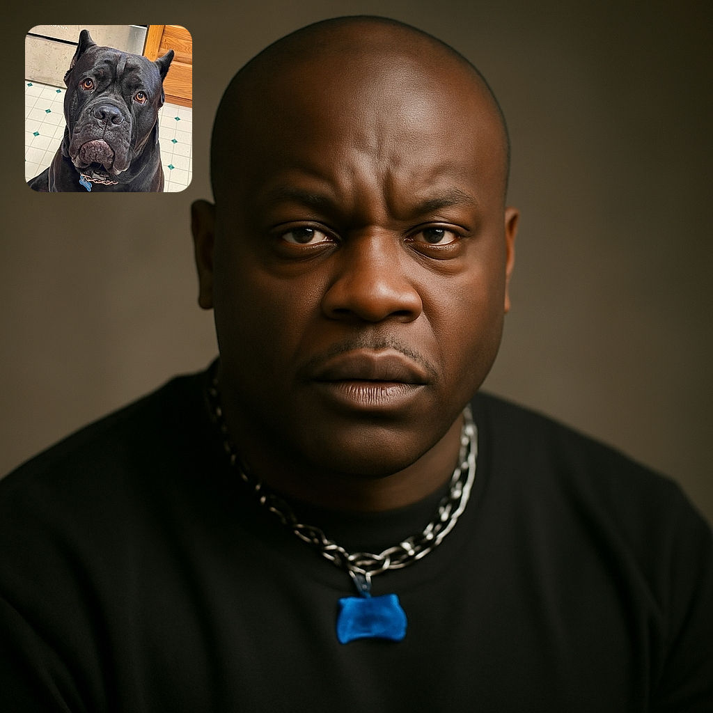 A close-up photo of a large black dog with soulful brown eyes sitting on a tiled kitchen floor, looking up with a slightly sad expression, framed by wooden cabinets and a stainless steel oven in the background.