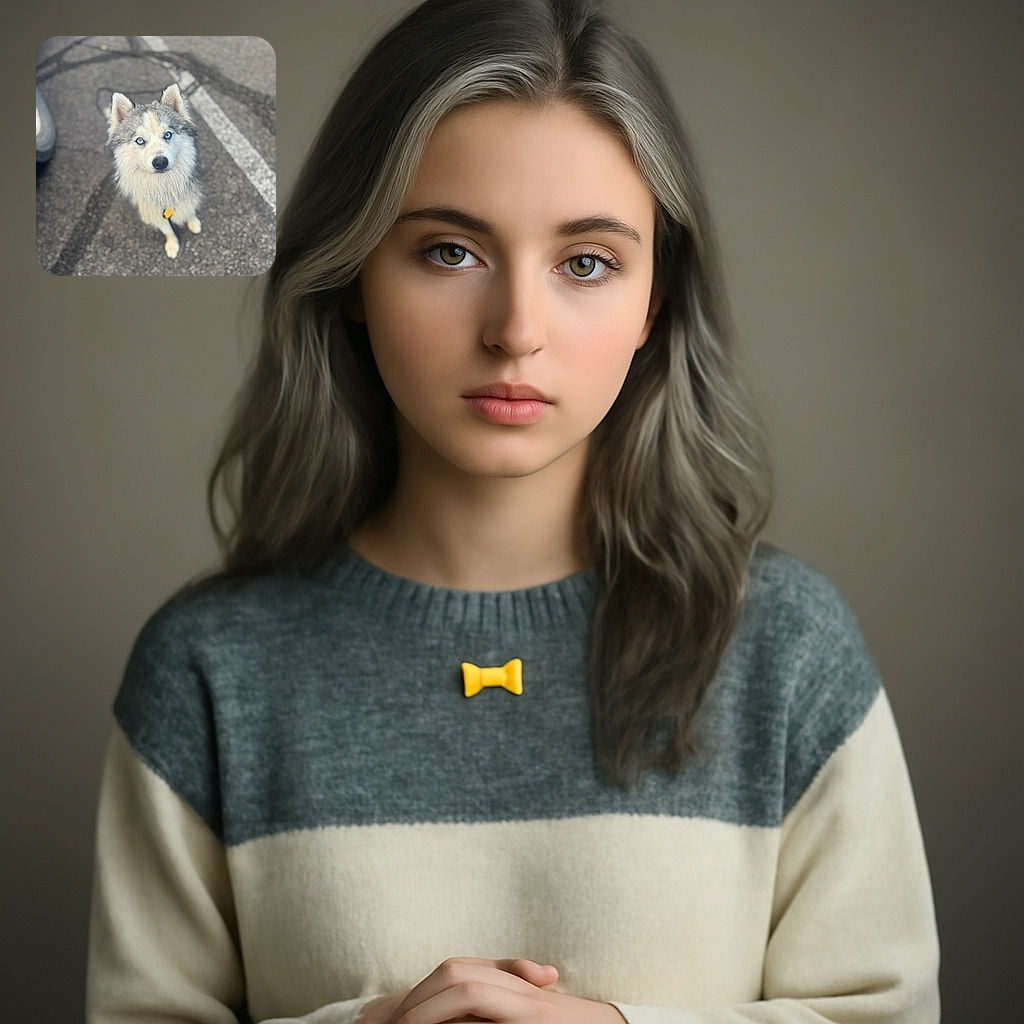 A fluffy husky with piercing blue eyes sits patiently on an asphalt surface, looking up with an expression that says, 'Are we going for a walk or what?' The background is a bit blurry, focusing all attention on this majestic canine.
