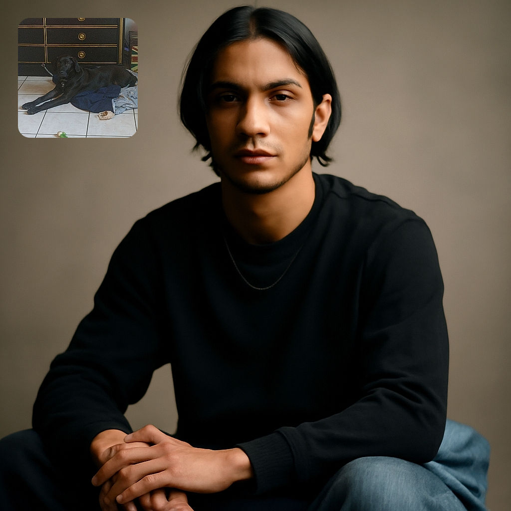 A sleek black dog lounges on a pile of blankets on a tiled floor, with a chew toy nearby and a vintage-looking black dresser in the background. The dog looks relaxed but alert, blending a bit into the dim lighting and dark furniture.