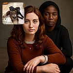 Two adorable dogs lounging on a tiled kitchen floor, one with striking heterochromia eyes and fluffy fur, the other a sleek chocolate labrador, both looking attentively at the camera as if plotting their next snack heist.