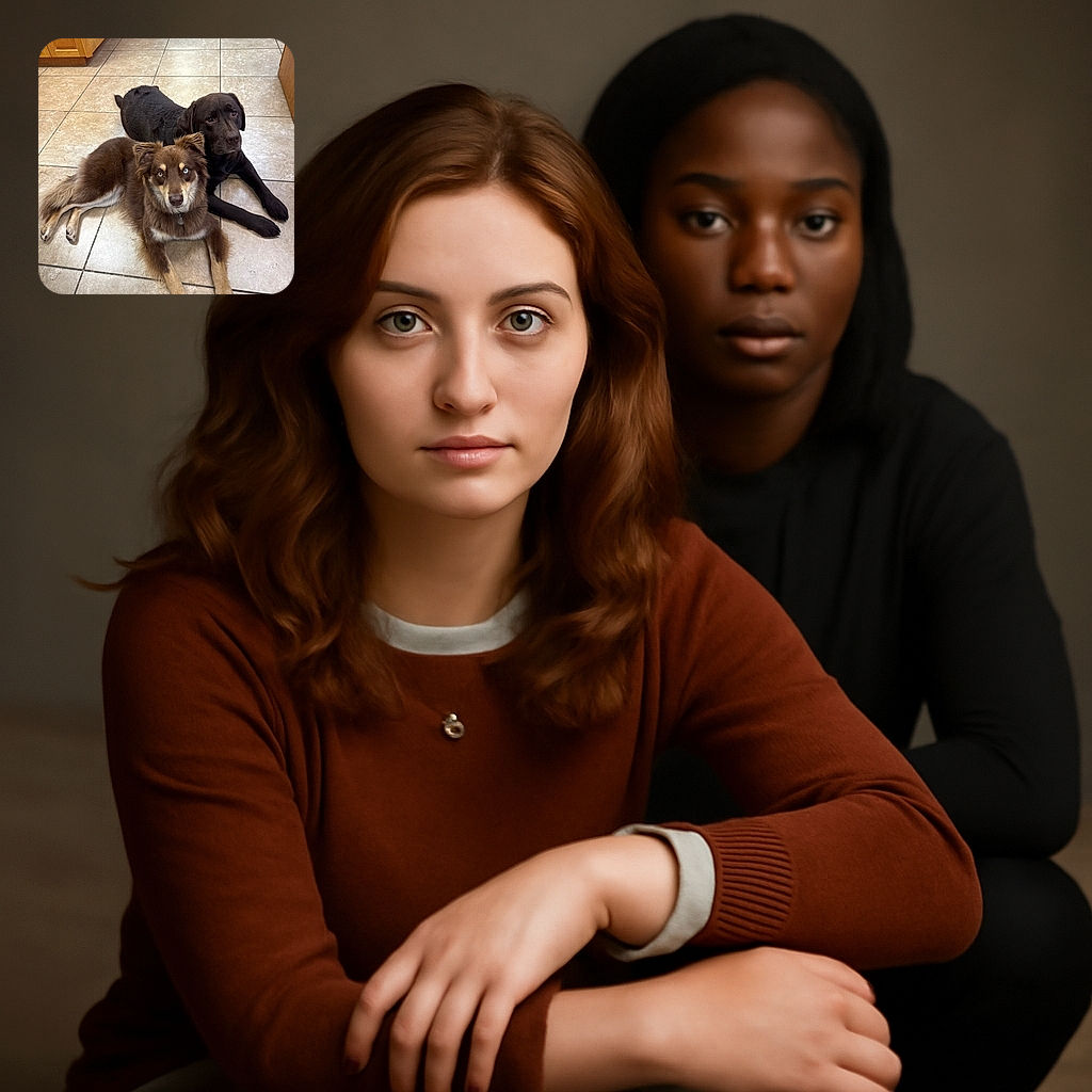 Two adorable dogs lounging on a tiled kitchen floor, one with striking heterochromia eyes and fluffy fur, the other a sleek chocolate labrador, both looking attentively at the camera as if plotting their next snack heist.
