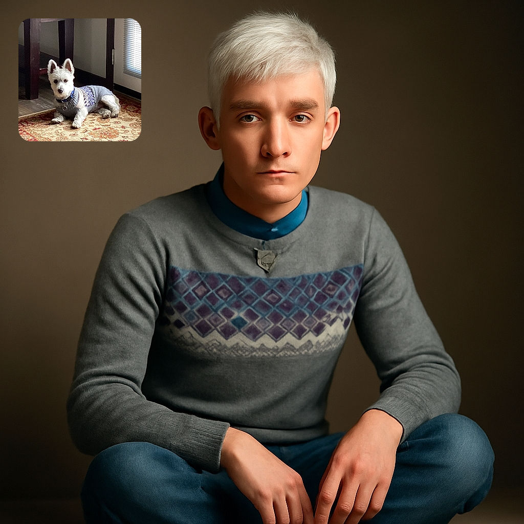 A small white dog wearing a cozy patterned sweater is lying on a decorative rug near a door with blinds, giving a calm and slightly curious look. The background includes dark wooden furniture and a softly lit room.