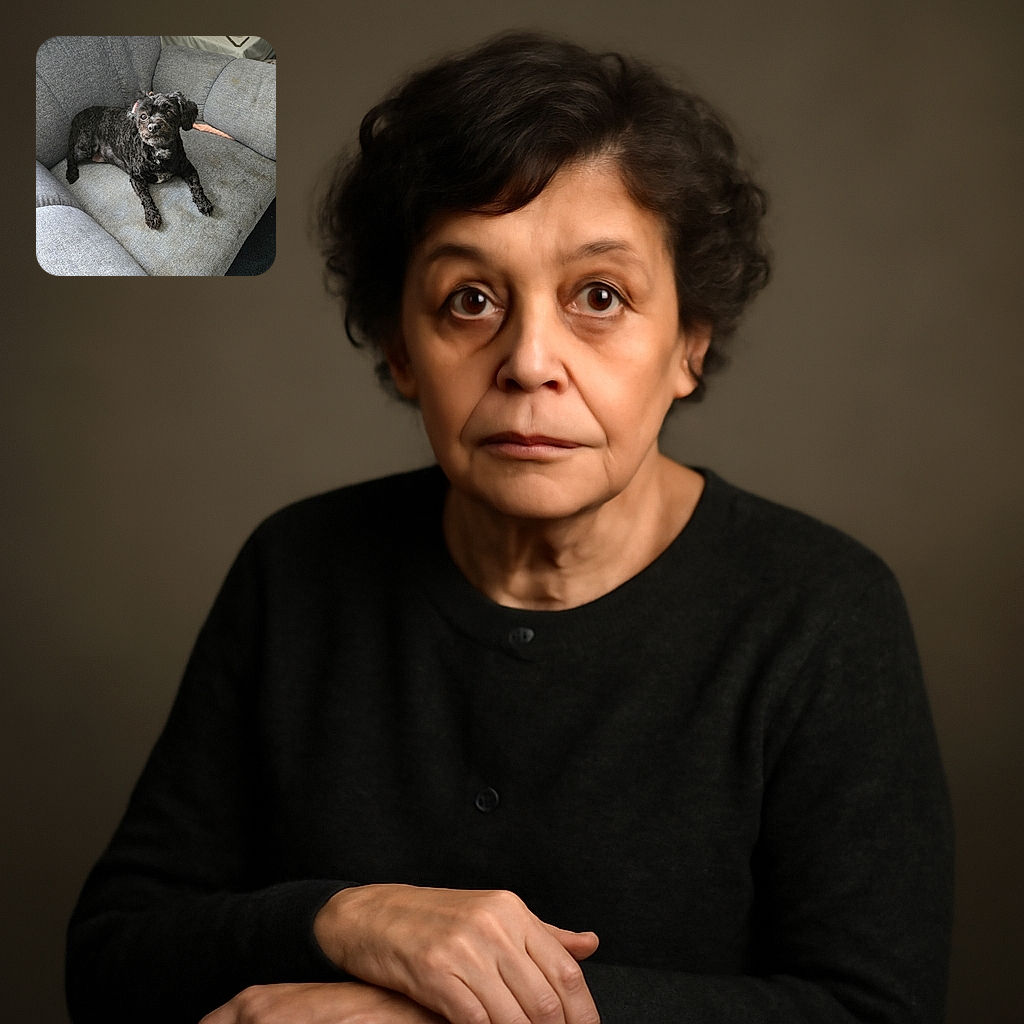 A small black dog with curly fur lounges comfortably on a worn gray couch, looking attentively off to the side. The background reveals a cluttered table with various objects, giving a cozy, lived-in home vibe.