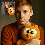 A cozy orange tabby cat nestled snugly in dark bedding, clutching a bright, fluffy orange plush toy with big, cartoonish eyes, creating a heartwarming and adorable scene of bedtime companionship.