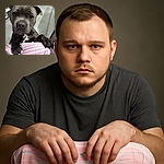 A close-up shot of an adorable brindle dog with soulful eyes, resting its paws on a pink and white striped surface, looking curiously and lovingly at the camera. The background is a simple indoor setting with tiled floors and stairs.