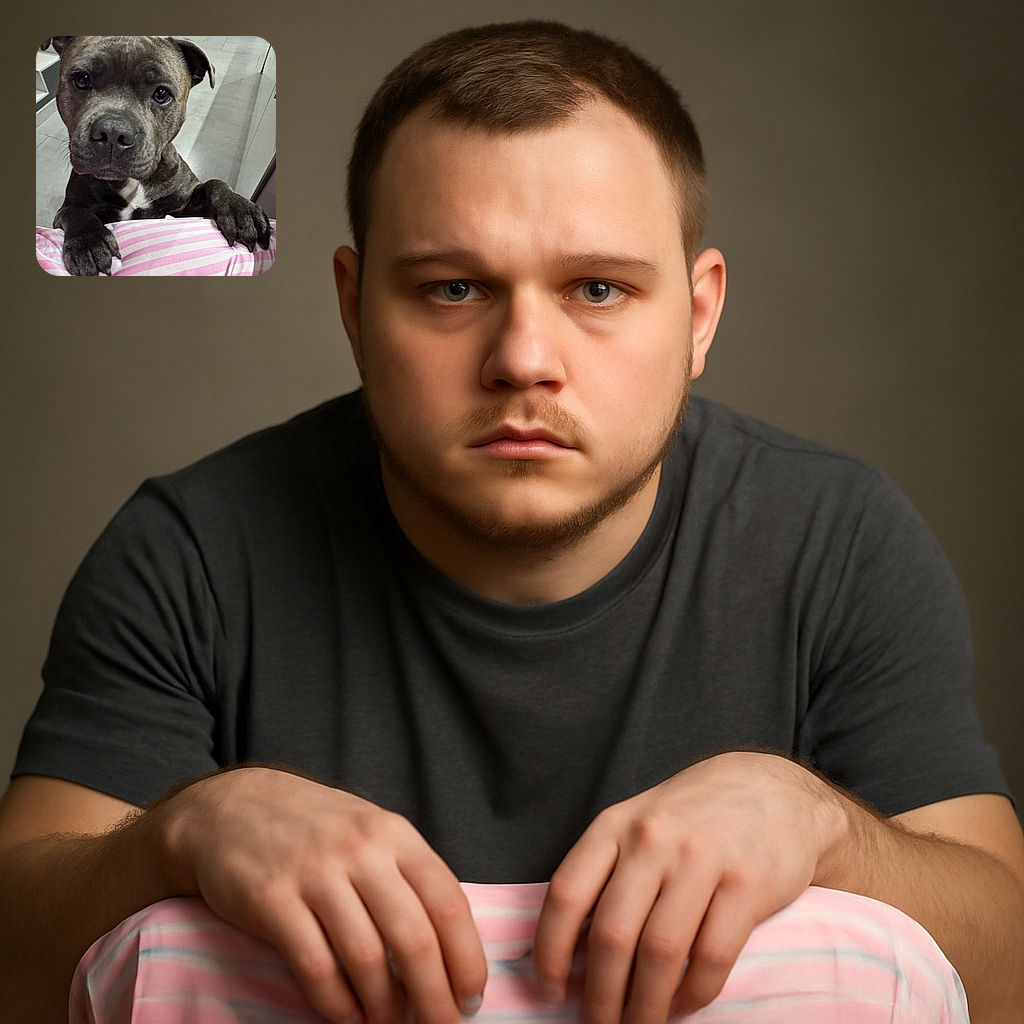 A close-up shot of an adorable brindle dog with soulful eyes, resting its paws on a pink and white striped surface, looking curiously and lovingly at the camera. The background is a simple indoor setting with tiled floors and stairs.