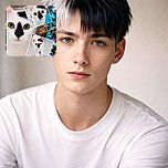 A collage of a striking white cat with unique black markings on its face, featuring a close-up and two smaller photos of the same cat walking and staring intensely, all set against a colorful, abstract background that looks like a kaleidoscope of shiny, liquid colors.