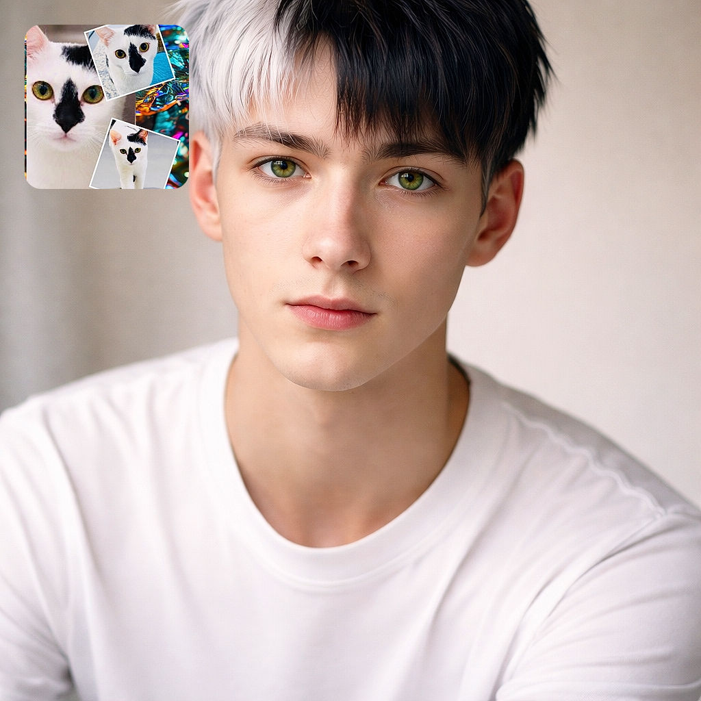 A collage of a striking white cat with unique black markings on its face, featuring a close-up and two smaller photos of the same cat walking and staring intensely, all set against a colorful, abstract background that looks like a kaleidoscope of shiny, liquid colors.