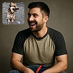 A happy dog with a thick coat and a red leash is sitting on a rough gravel surface, looking to the side with its mouth open as if smiling, against a backdrop of a beige wall and a wooden door.