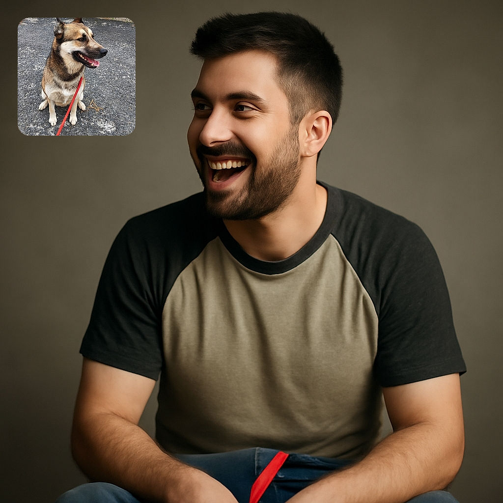 A happy dog with a thick coat and a red leash is sitting on a rough gravel surface, looking to the side with its mouth open as if smiling, against a backdrop of a beige wall and a wooden door.