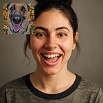 A joyful German Shepherd dog with big, expressive eyes and a wide-open mouth as if smiling, surrounded by a colorful carpet of autumn leaves, creating a warm and lively outdoor scene.