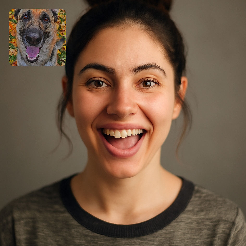 A joyful German Shepherd dog with big, expressive eyes and a wide-open mouth as if smiling, surrounded by a colorful carpet of autumn leaves, creating a warm and lively outdoor scene.