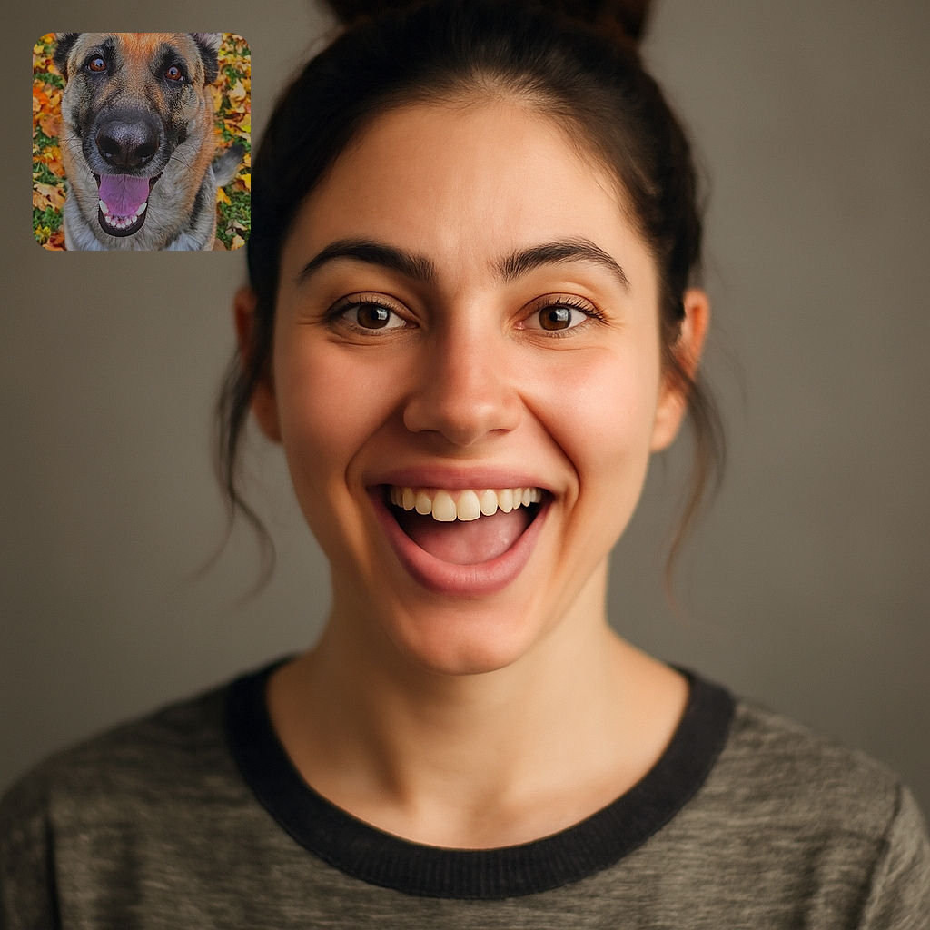 A joyful German Shepherd dog with big, expressive eyes and a wide-open mouth as if smiling, surrounded by a colorful carpet of autumn leaves, creating a warm and lively outdoor scene.