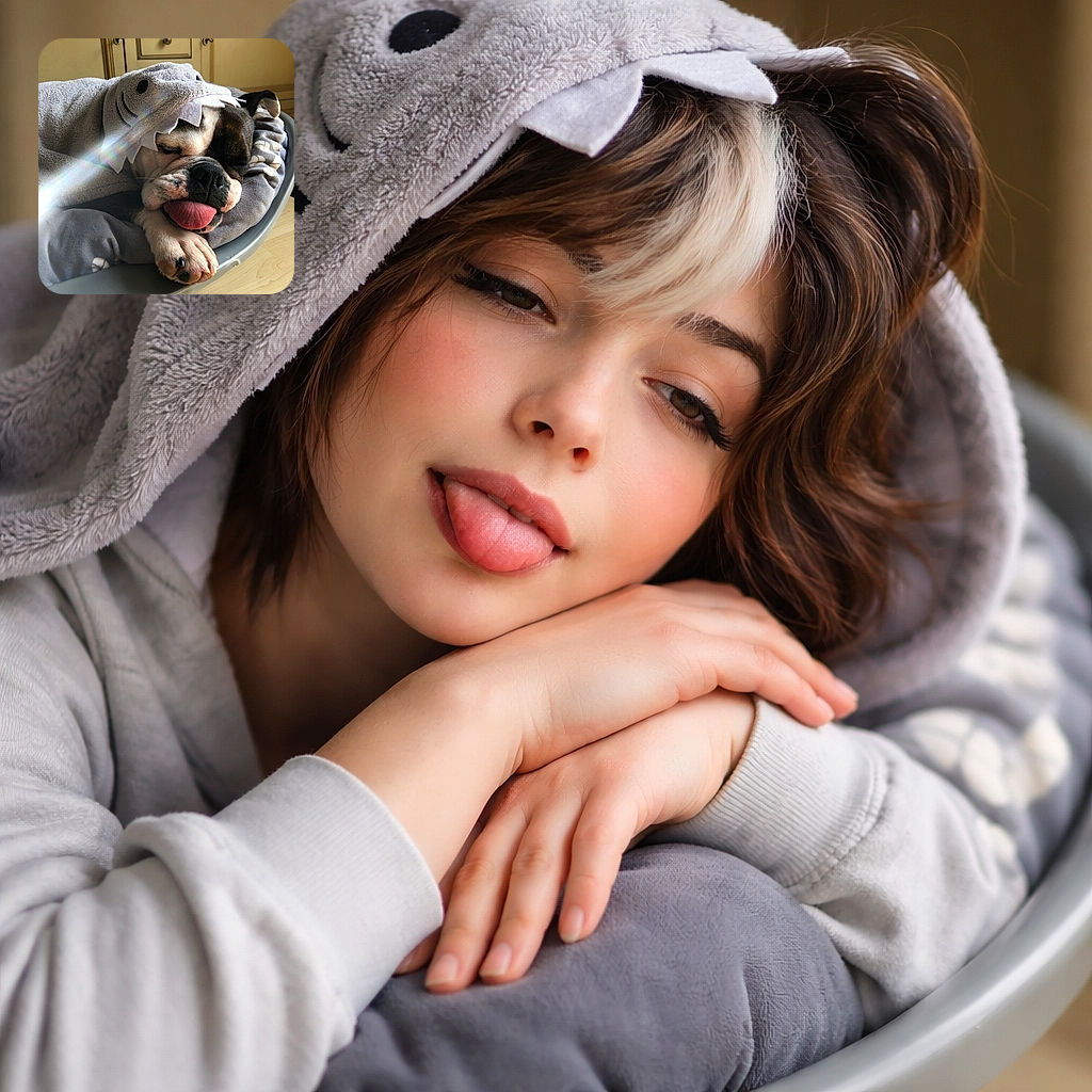 A squishy bulldog snoozes with its tongue flopped out, wrapped in a shark-shaped towel while a soft rainbow lens flare streaks across the frame — maximum cuddle and minimal dignity.