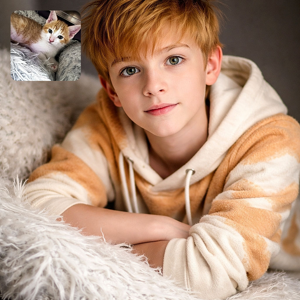 A fluffy orange and white kitten lounges comfortably on a soft, shaggy gray blanket, its big curious eyes sparkling as it gazes directly at the camera, capturing a moment of innocent feline charm.