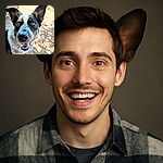 A happy dog with big ears and bright eyes smiles widely at the camera, standing outside on a sunny, gravelly ground with a chain-link fence and some garden items blurred in the background.