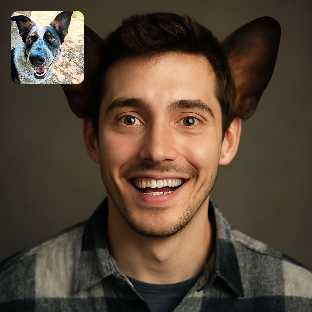 A happy dog with big ears and bright eyes smiles widely at the camera, standing outside on a sunny, gravelly ground with a chain-link fence and some garden items blurred in the background.