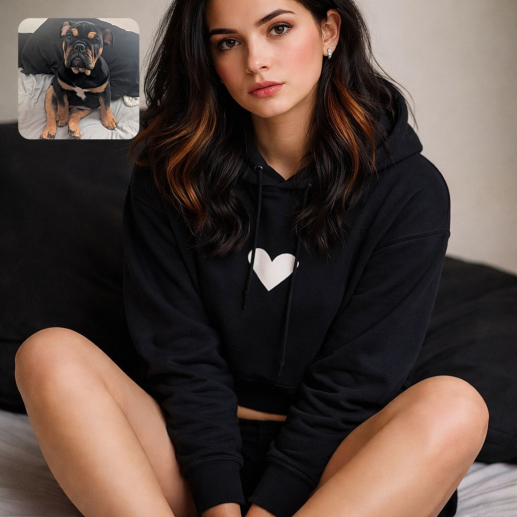 A solemn black-and-tan bulldog puppy sits squarely on a bed, staring at the camera with a face full of wrinkles and suspicious dignity — like it just woke up from an important nap and demands snacks and respect. Soft pillows and sheets form a cozy backdrop.