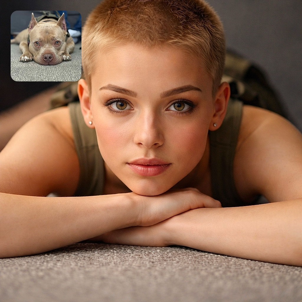 A soulful pitbull sprawled flat on a carpet, staring straight into the camera with big amber eyes and a nose that deserves its own close-up — equal parts stoic and pleading for a treat. The background melts into soft blur so all attention belongs to this wrinkly-faced couch philosopher.