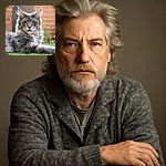A majestic Maine Coon cat lounges elegantly on fresh green grass, its fluffy fur and tufted ears catching the soft natural light. The background is softly blurred with a wooden fence and garden elements, making the feline the undisputed star of this serene outdoor portrait.