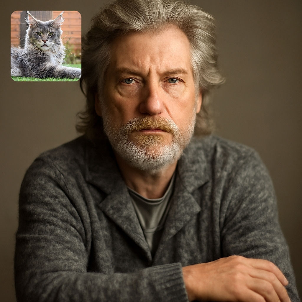 A majestic Maine Coon cat lounges elegantly on fresh green grass, its fluffy fur and tufted ears catching the soft natural light. The background is softly blurred with a wooden fence and garden elements, making the feline the undisputed star of this serene outdoor portrait.