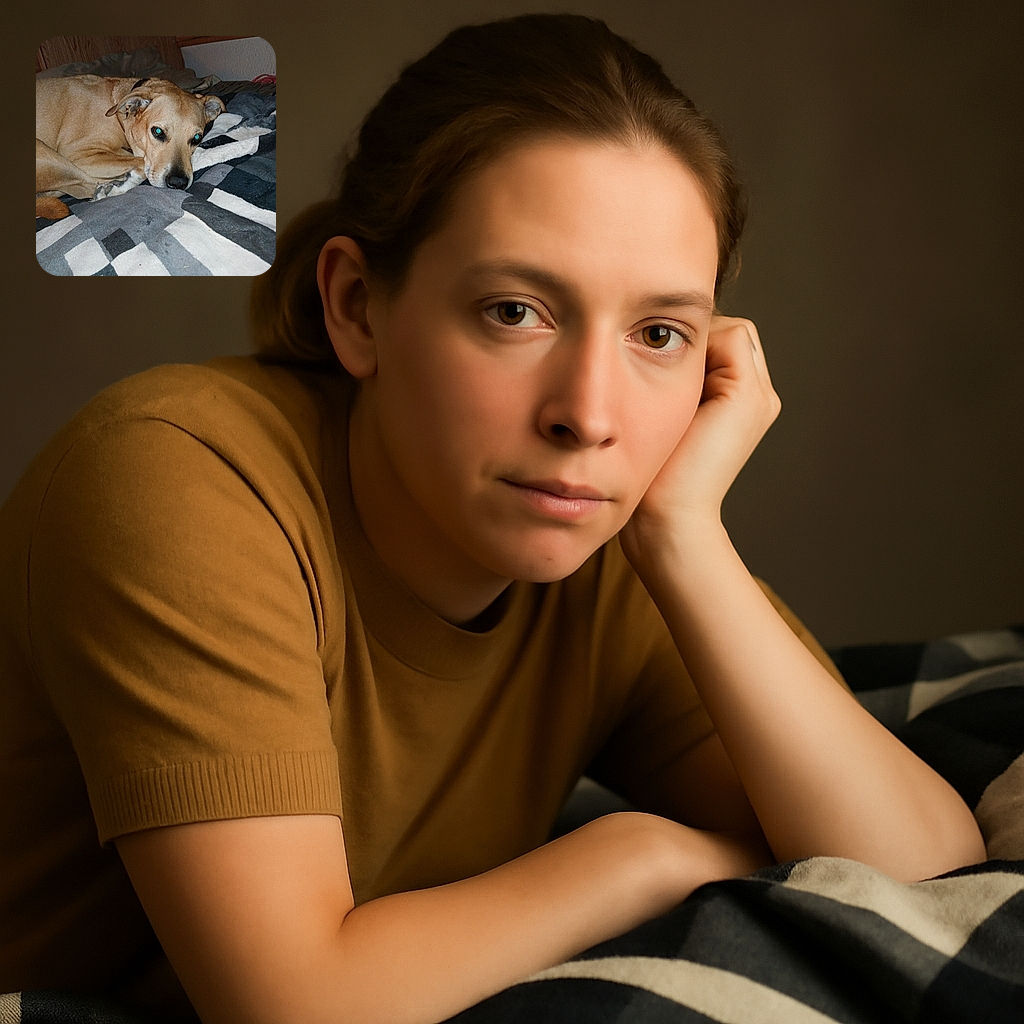 A cozy tan dog lies curled up on a patterned blanket, looking tired or contemplative with a slight flash reflection in its eyes, set against a wooden headboard and soft bedding background.