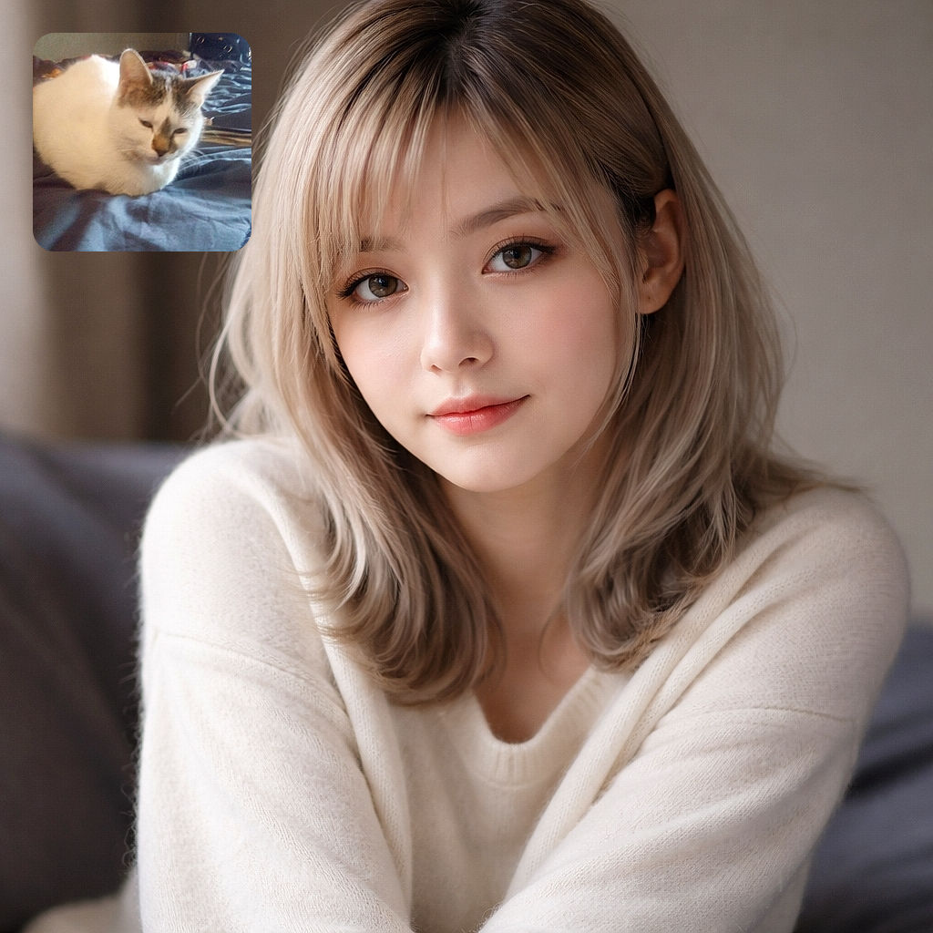 A sleepy white-and-tabby cat loafs on a rumpled bed like it owns the place, half-closed eyes and ears alert; a phone charger plug sits comically in the foreground while a dark TV and messy bedding fill the background.