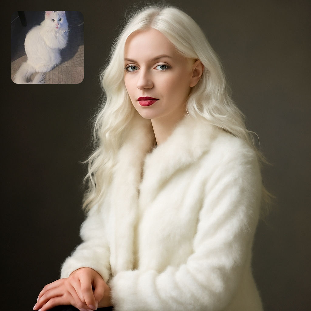 A fluffy white cat with a luxurious tail sits gracefully on a wooden floor, looking curiously at the camera with bright eyes. The lighting softly highlights the cat's fur, creating a cozy and serene atmosphere.
