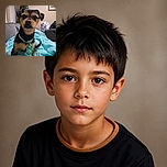 A tiny, serious-looking dog sits proudly on a turquoise blanket, wearing a bright collar and tag like a canine fashion icon. Behind it, a Christmas tree stands guard while the dog appears ready to judge everyone's holiday wrapping skills.