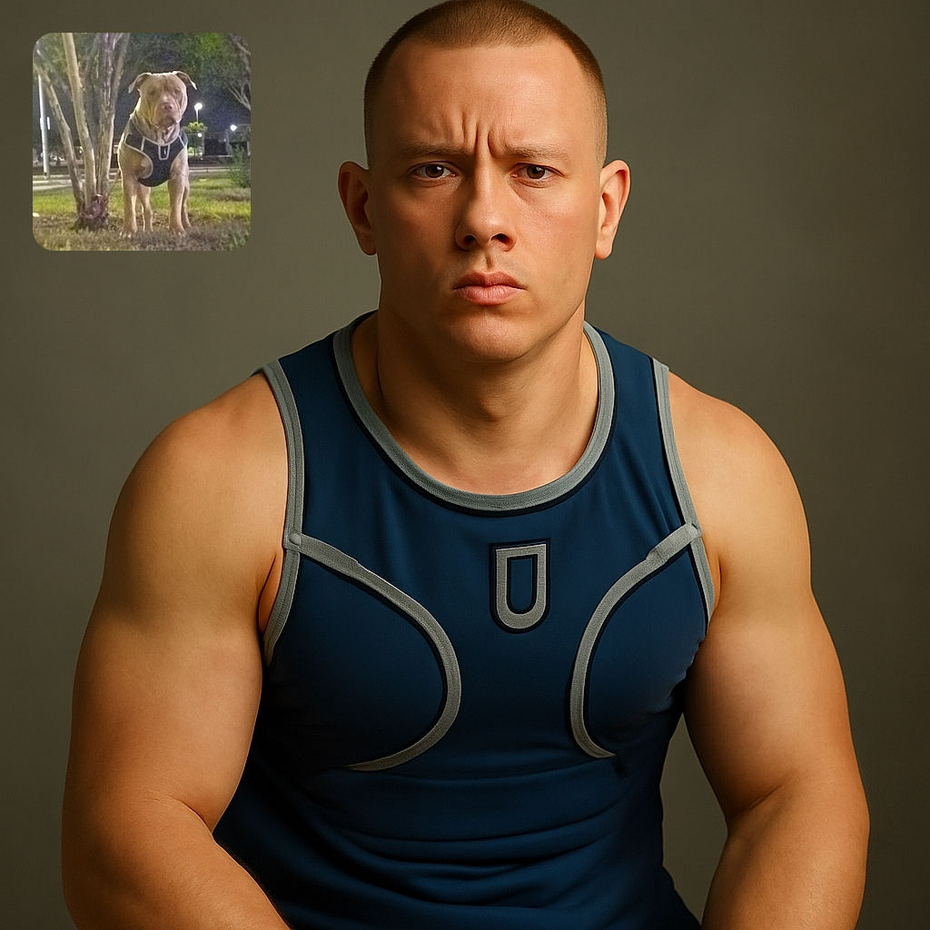 A blurry nighttime photo of a dog wearing a harness standing on grass near some trees and streetlights, looking serious as if guarding the neighborhood under the moonlight.