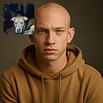 Two dogs indoors, one facing the camera with a curious expression and the other partially visible on the right side. The background is cluttered with household items and furniture, and the lighting is dim with a flash highlighting the dogs' faces.