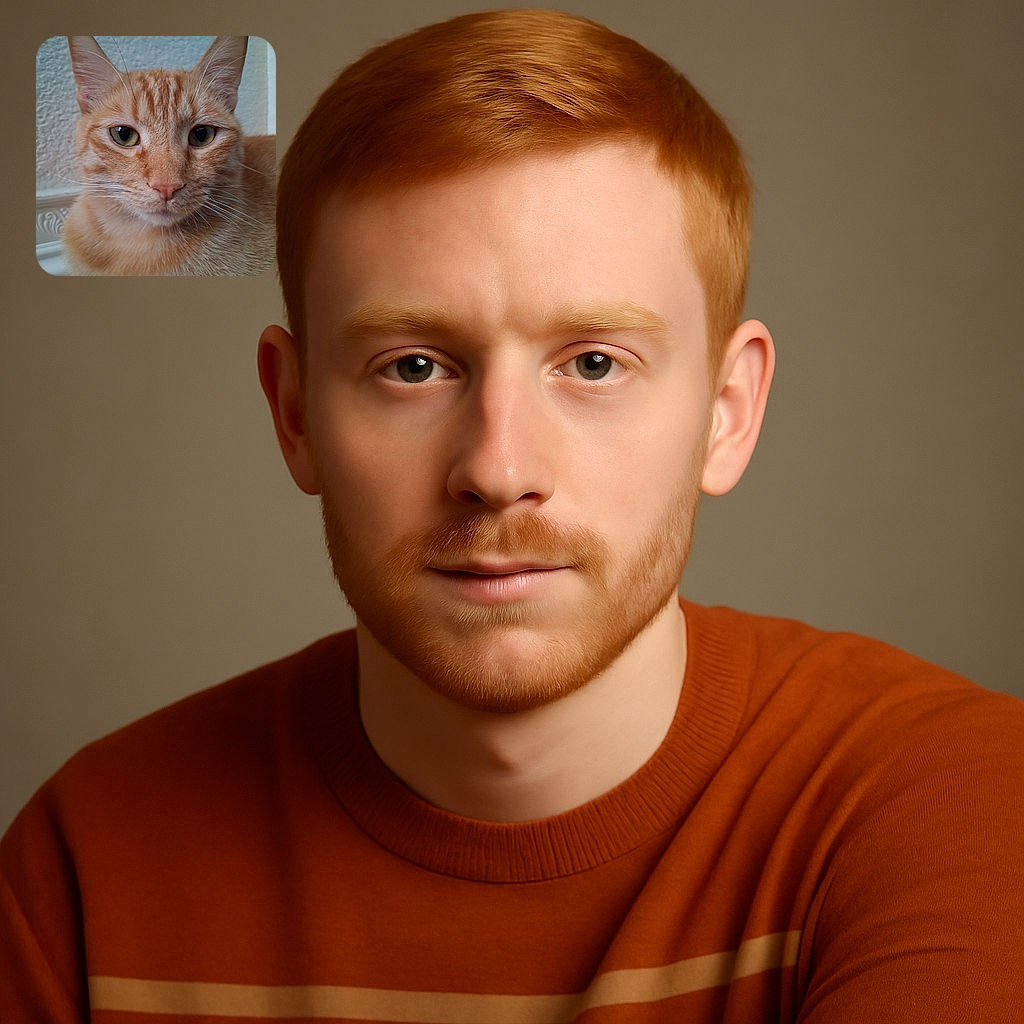 A close-up shot of a serene orange tabby cat with striking green eyes, its fur detailed and soft against a textured wall background. The cat's calm demeanor invites a moment of peaceful contemplation.