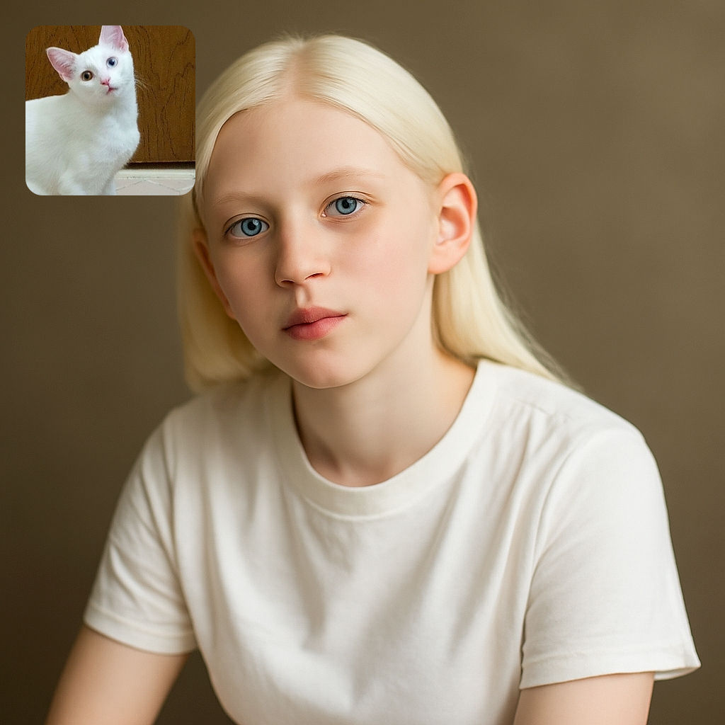 A charming white cat with heterochromatic eyes (one blue, one brown) sits on a tiled floor in front of a wooden door, looking curiously at the camera with a slight head tilt.