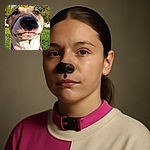 A close-up shot of a dog with a pink collar, its nose humorously large and in focus, set against a sunny outdoor background with green grass and trees. The dog's expression looks slightly amused or curious, making it a charming and funny portrait.