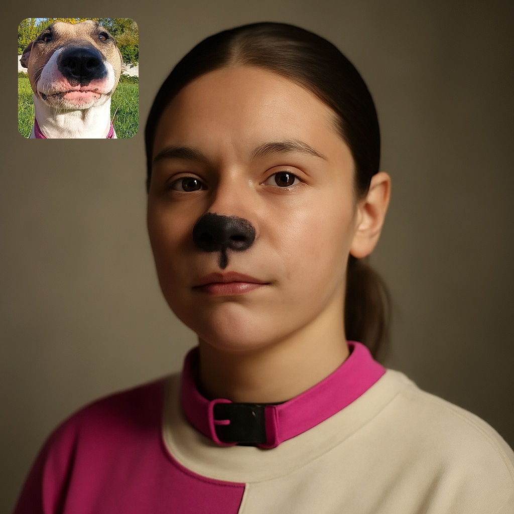 A close-up shot of a dog with a pink collar, its nose humorously large and in focus, set against a sunny outdoor background with green grass and trees. The dog's expression looks slightly amused or curious, making it a charming and funny portrait.