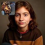 A charming close-up of a brown and tan dog with soulful eyes and a pink collar, sitting on a couch next to a person wearing blue jeans. The background is a bit cluttered but the dog's face steals the spotlight with its adorable, slightly tilted head and curious expression.