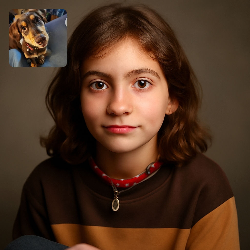 A charming close-up of a brown and tan dog with soulful eyes and a pink collar, sitting on a couch next to a person wearing blue jeans. The background is a bit cluttered but the dog's face steals the spotlight with its adorable, slightly tilted head and curious expression.