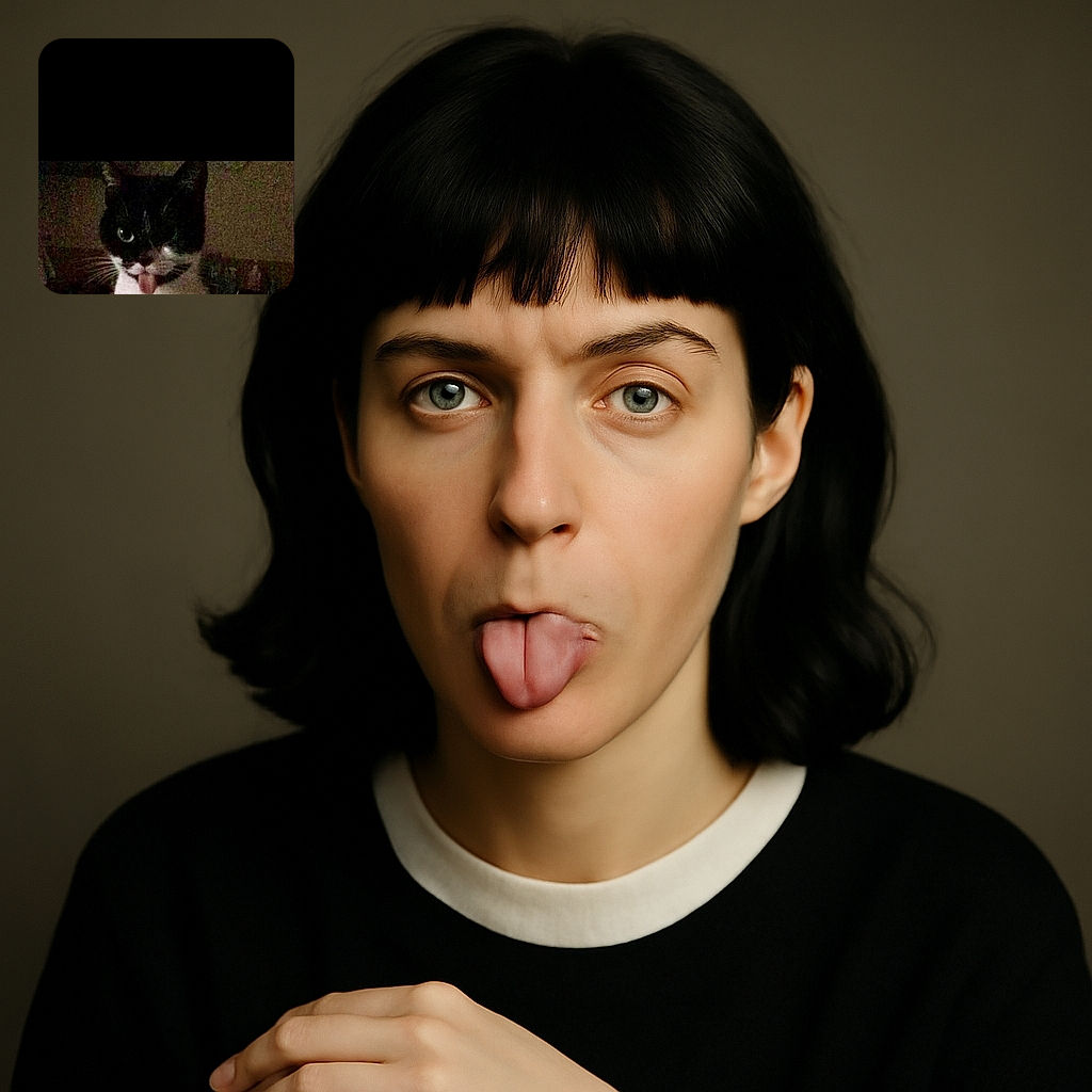 A grainy, low-light photo of a black and white cat sticking out its tongue in a silly manner, with a dark and cluttered background.