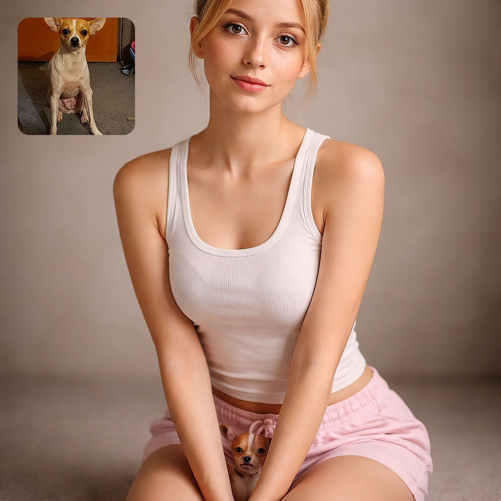 A tiny chihuahua sits like a stern little doorman with ears at full sail, giving the camera a very serious "I run this house" stare in front of a wooden door and well-loved carpet.