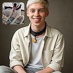 A happy dog with striking blue eyes sits in a relaxed, almost human-like pose on a cozy bed layered with soft blankets. The dog sports a black collar with a yellow tag, tongue out in a joyful pant, while a fan stands nearby, suggesting a warm day inside a tent or cozy nook.