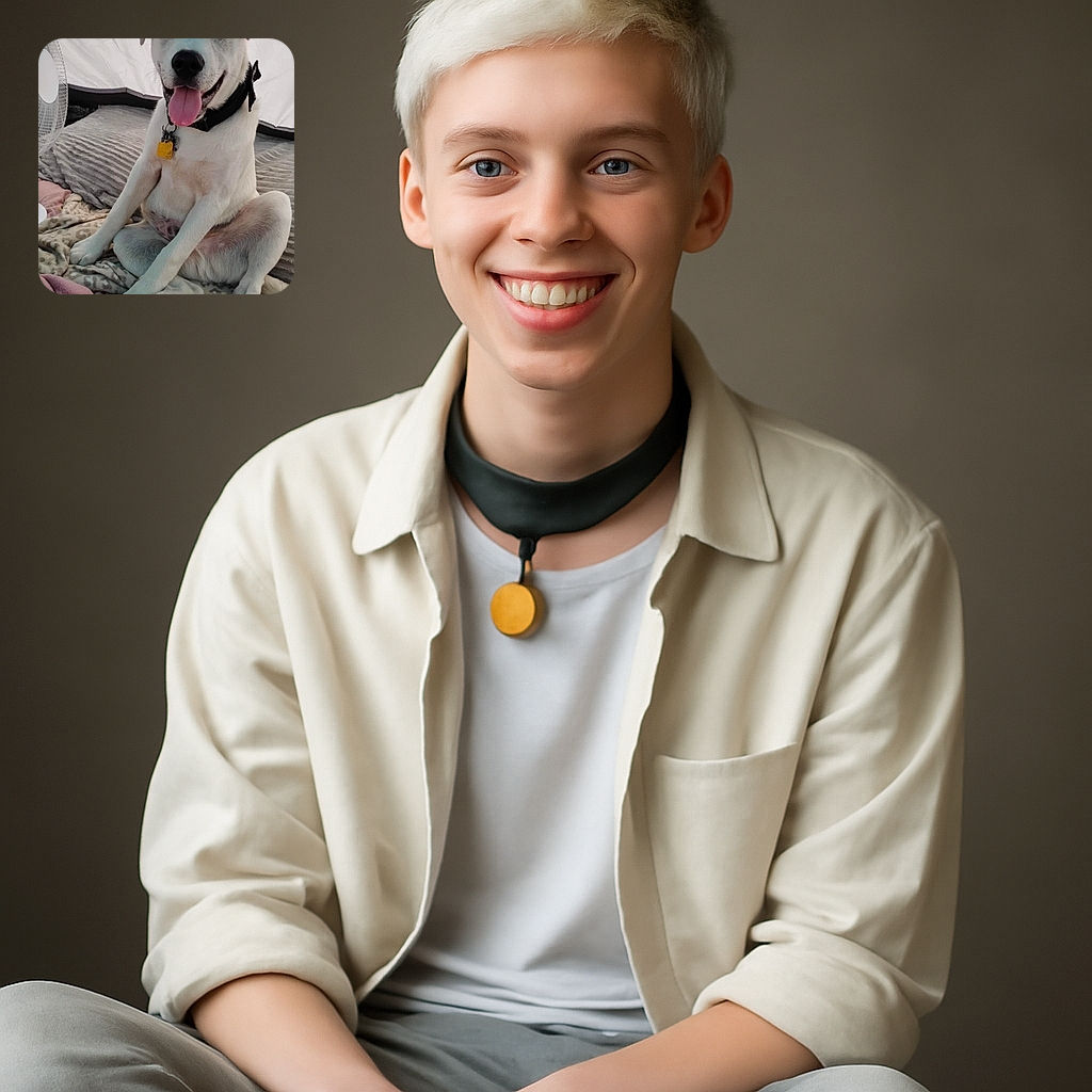 A happy dog with striking blue eyes sits in a relaxed, almost human-like pose on a cozy bed layered with soft blankets. The dog sports a black collar with a yellow tag, tongue out in a joyful pant, while a fan stands nearby, suggesting a warm day inside a tent or cozy nook.
