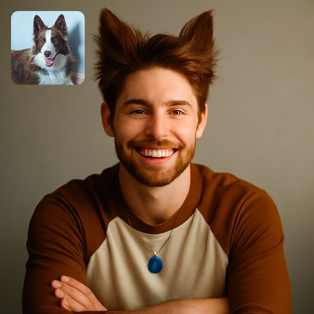 A happy brown and white dog with perky ears and an open mouth sits indoors against a pale blue wall, looking like it's ready to play or pose for a portrait. The dog's fur is fluffy and well-groomed, and there's a power outlet visible on the wall behind it.