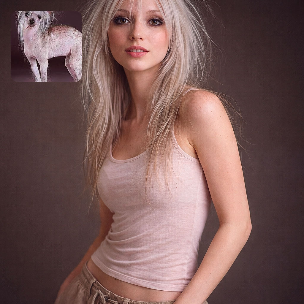 A bewildered Chinese Crested dog standing in a studio portrait — wispy tufts of hair framing a wide-eyed face, spotted pink skin, and a dramatic solid backdrop that makes the little drama-queen look extra theatrical.