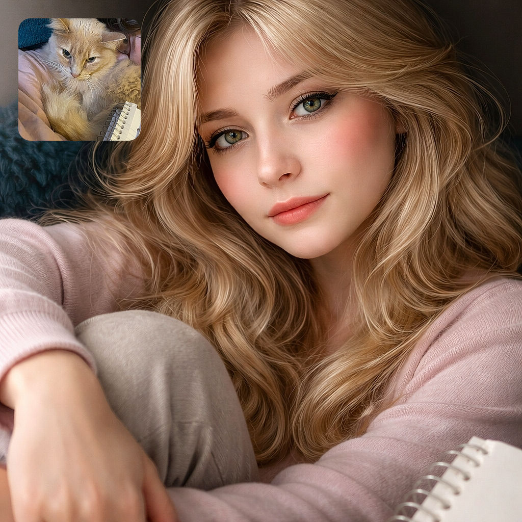A fluffy tan cat is hogging the frame and the blanket, giving a very dignified 'do-not-disturb' stare while a pair of glasses and an eye peek in from the top-right — a cozy cuddle-and-homework vibe with a spiral notebook making a cameo.