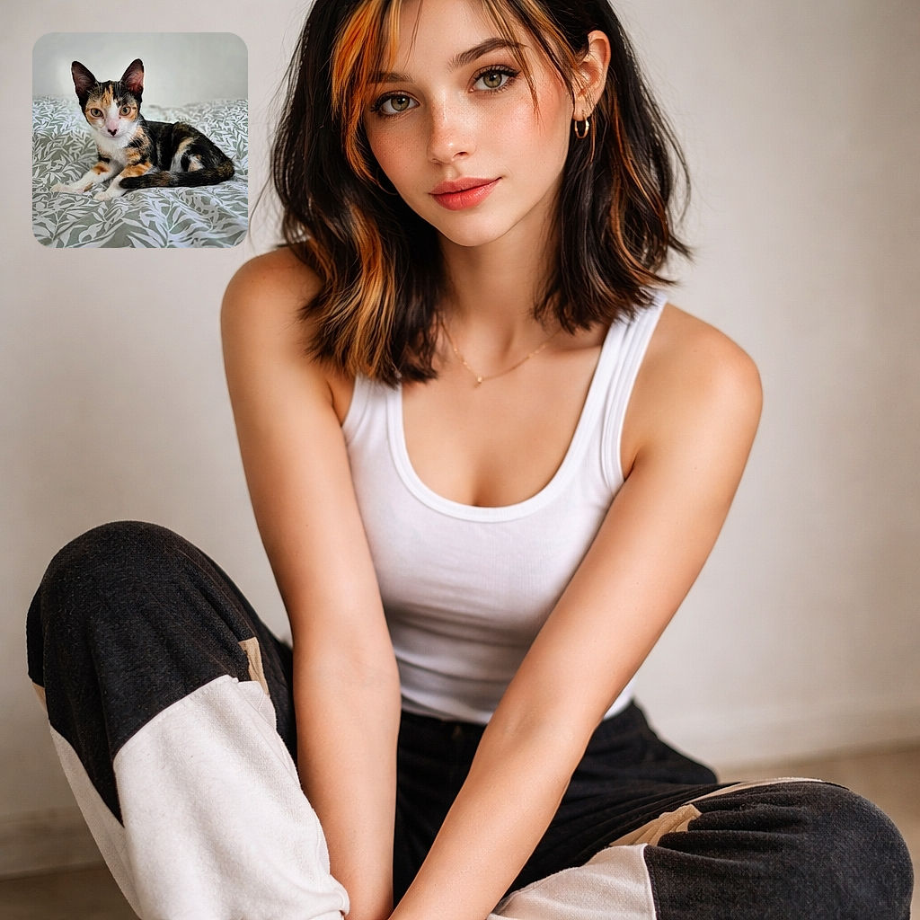 A calico kitten lounges on a leafy duvet, giving the camera a mildly suspicious, full‑of-personality stare — ears perked, tail curled, and a tiny heart‑shaped nose stealing the scene. Soft background blur and comfy bedding make this look like a cozy portrait session for a tiny diva.