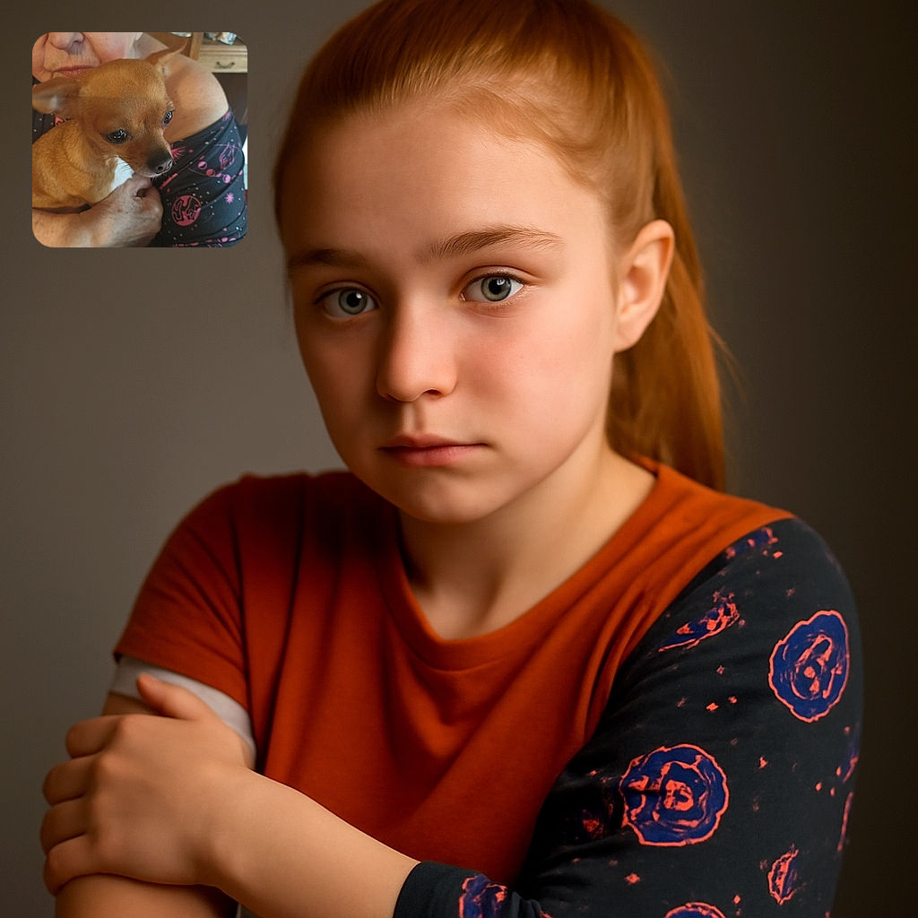 A cozy close-up of a small brown dog being gently held by an elderly person wearing a black shirt with pink space-themed patterns. The dog's big eyes look contemplative while the person's face is partially visible, creating a heartwarming moment of companionship indoors.