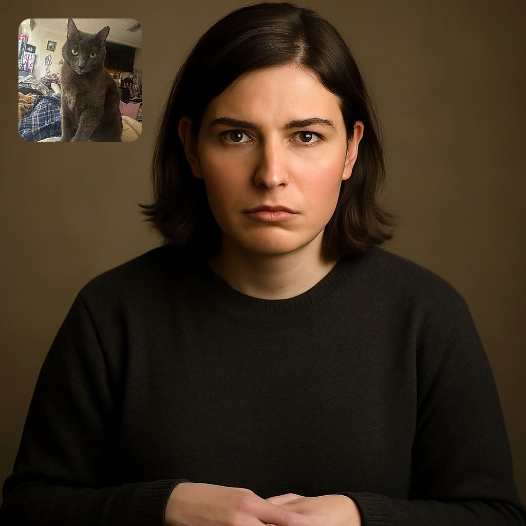 A serious-looking gray cat sits upright on a person's lap covered with a plaid blanket, staring intently at the camera with a slightly grumpy expression. The cozy indoor room is filled with various household items and decorations in the background, giving a lived-in vibe.